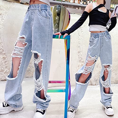 Kids Girls Youth Casual Denim Jeans Ripped Distressed Elastic Wasit Straight Wide Leg Baggy Pants2