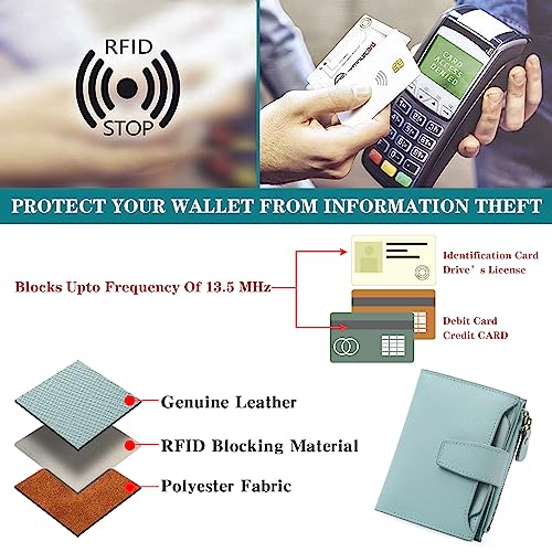 Image of GOIACII RFID Secure Wallet for Women Small Card Holder Leather Blue | Trifold Billfold, Cross Grain Leather, Compact Size, 4 ID Windows, 12 Card Slots, 1 Zipper Coin Pocket, Minimalist