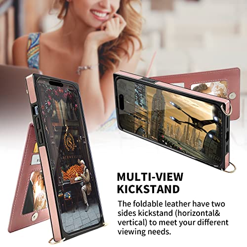 Hoggu Crossbody Iphone 14 Pro Max Case Wallet With Card Holder, Luxury Quilted Flip Leather Iphone 14 Pro Max Crossbody Case With Strap, Kickstand, Protective Square Phone Case For Women Girls-Pink #TOP4