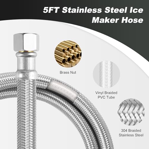 Image of Refrigerator Water Line 5ft 6 Pack inchby inchStainless Steel Braided | Ice Maker Hose Burst Proof Water Supply Line,Food Grade PVC Inner Tube Fits All Refrigerator Ice Makers