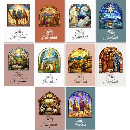 Bear and Bee Set de 30 Tarjetas de Navidad Religiosas A6 con Vidrieras – 10 Diseños Cristianos con Sobres Blancos