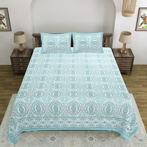 Image of Living Roots Jaipuri Hand Block Print Double Cotton Bedsheet & 2 Pillow Covers, for Mattress Upto 8 inches Thick, No Colour Bleeding, Blue Colour, Super King Size 96 * 104 inches, 150TC (579-C)
