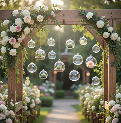 GlikCeil 24 Pcs 5.3 3.9 3.15 Hanging Glass Tealights Candle Holder Large Globes Fillable Plant Clear Terrarium Orbs Air Plants Holder with Fishing Line Wedding Centerpiece Tree Decor