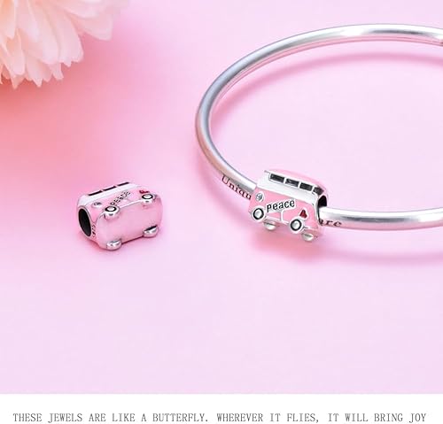 Miniatura 7 de Abalorio de autobús de la paz con esmalte rosa de plata de ley 925 con dije de paz para viaje, para bricolaje, pulsera, Plata esterlina, plata de ley