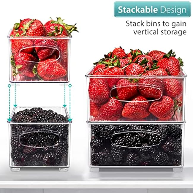 Sorbus Stackable Refrigerator Organizer Bins - Set of 4 Clear Storage Bins for Kitchen Pantry, Freezer & Fridge Organization - Food Organizing Plastic Containers with Handles for Countertops & Drawers