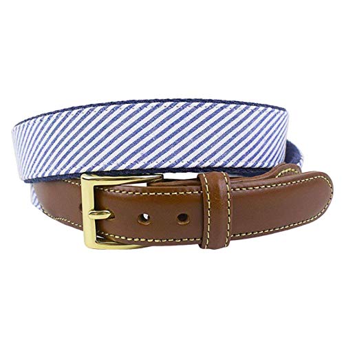 COUNTRY CLUB PREP Navy Seersucker Leather Belt on Navy Canvas