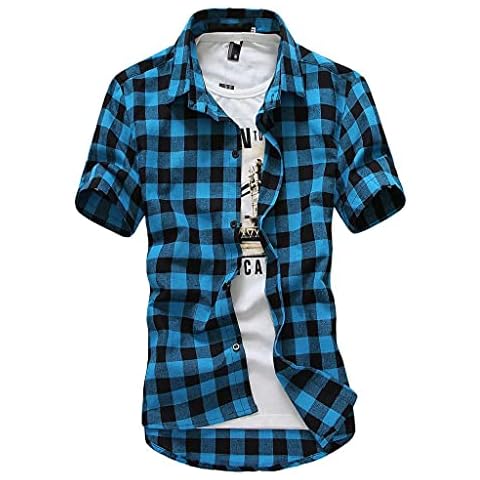 Burband Mens Fashion Short Sleeve Flannel Shirts Slim Fit Causal Button Down Plaid Designer Shirts Camisas de Hombre Sky Blue, X-Large Cover