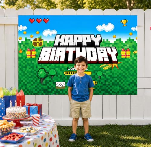 Image of Happy Birthday Banner Boy 5x3ft Birthday Sign Village Gaming Birthday Party Decorations Videogame Themed Banner Video Game Decorations Video Game Happy Birthday Backdrop for Boys