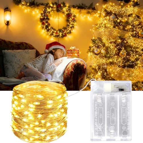 OEMG Guirnalda Luces Pilas, Luces LED Pilas, Luces LED Habitacion 12m 120 LED Luces de Cadena Micro con Pilas de Alambre Guirnaldas Decoracion Cobre para Decoración Interior Bodas Fiesta de Navidad