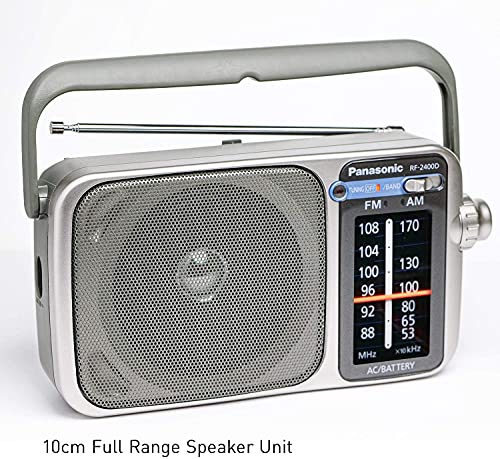 Radio portátil AM/FM RF2400D plateada con 4 pilas AA y cargador miniatura 6
