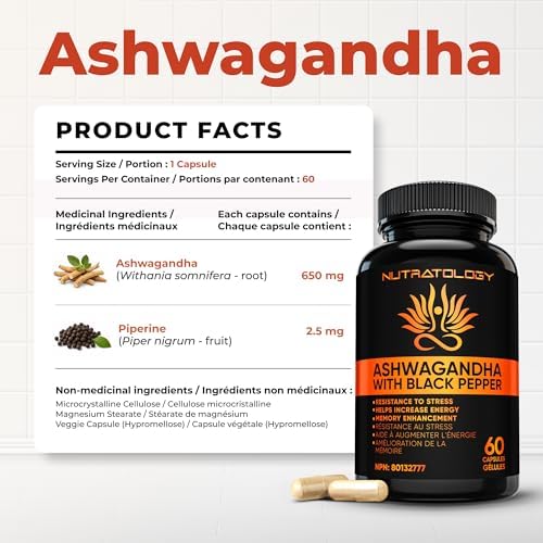 Nutratology® Organic Ashwagandha | Canadian-Made | Increases Resistance To Stress & Supports Memory Enhancement | W/Black Pepper For Enhanced Absorption | 650MG Ashwagandha Per Capsule - 60 Capsules — view 7
