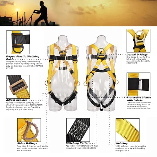 WELKFORDER 3D-Ring Industrial Fall Protection Safety Harness ANSI/ASSE Z359.11-2021 Compliant Full Body Personal Protection Equipment 3-Point Adjustment Universal 310 lbs