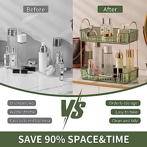 Image of Akinbas 2 Tier Bathroom Organizer Countertop Makeup Perfume Tray Skincare Organizer for Bathroom Dresser Vanity (Green)