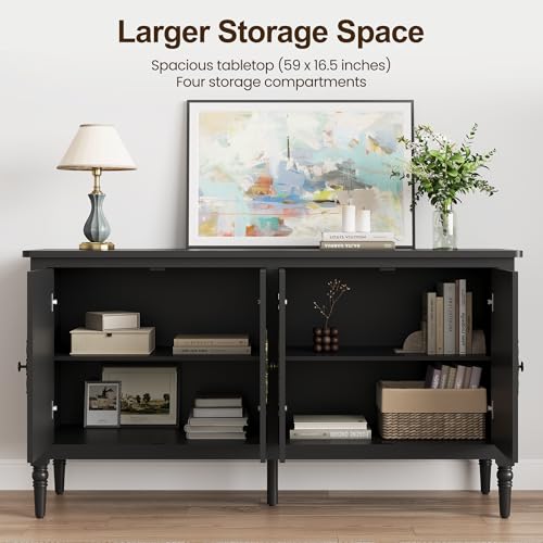 Image of FansaFurn 58'' Large Sideboard Buffet Cabinet with 4 Doors, Modern Credenza Buffet Table for Coffee Bar, Storage Cabinet for Dining Room Living Room, Black