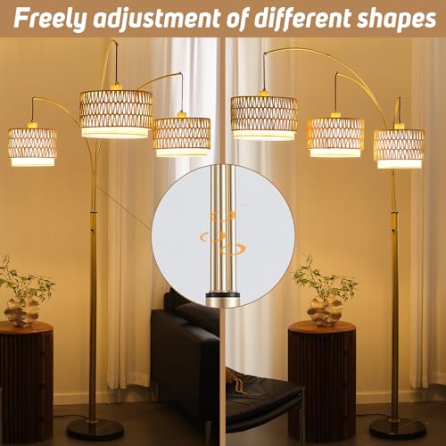 GHCKER Gold Rattan Floor Lamp for Living Room, 80 Inch Tall Boho Floor Lamp with Rotary Switch, 3 Lights Arc Lamp with Wicker Shade for Coastal,Bohemian,Tree Farmhouse Standing Lamp - Image 5