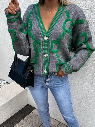 Image of Autumn Winter Style Woman Blouse Knitted Cardigan Slim Fitting Long Sleeved V-Neck Printed Cardigan Jacket Sweater