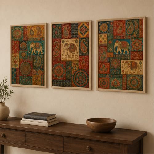 Image of Livin'luxe Set of 3 Rajasthani Elephant Patchwork Wall Paintings for Living Room Bedroom Home Decor with Premium Wooden Color Synthetic Frame (13.5 x 19.5 Inch) NM03-63