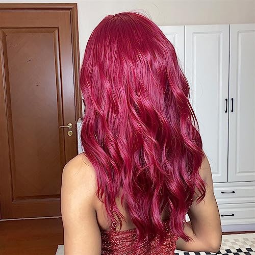 Perruque cheveux vin rouge synthétique longue bouclée thermorésistante frange