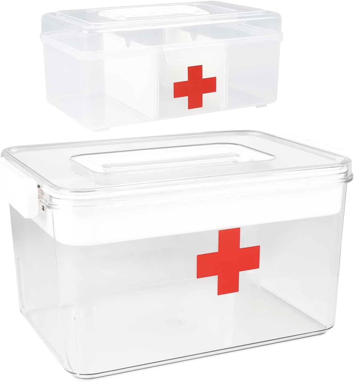 Medicine Cabinet Organizer with Lid, Clear Plastic Medicine Organizer for Cabinet and Countertop, First Aid Box for Bathroom Storage, Portable Medical Box with Handle for Home Use