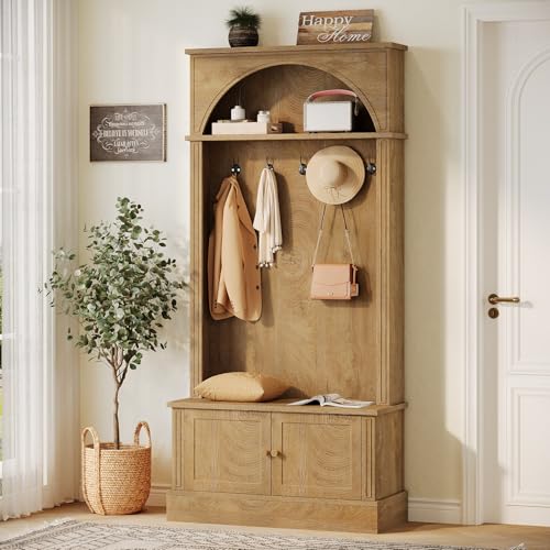 Tribesigns ハンガーラック ベンチ付き 幅約180cm 4WAY 玄関収納ベンチ コートハンガー ホールツリー 収納棚付き 下駄箱 靴収納可 5連フック 高さ調節可能 エントランス・廊下用（ブラック×ブラウン）