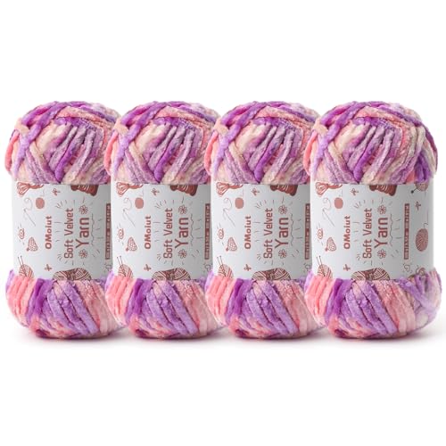 Image of 4x100g Fluffy Velvet Chenille Yarn for Crocheting and Knitting, 4x80m (87.5yd) Baby Yarn for Crocheting Soft, Crochet Chunky Yarns Amigurumi Yarns (4 Pinkish Purple)