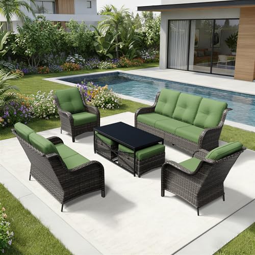 Image of Joyside 7 Piece Wicker Patio Furniture Set, Rattan Patio Chairs with High Back, Deep Seating, Wide Armrest, Thickened Cushions, Outdoor Furniture for Deck, Porch Use