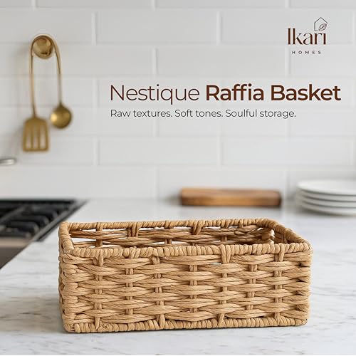 Image of Ikari Homes Rectangular Woven Raffia Basket, Natural Decorative Storage Tray I Boho decor storage vanity basket I Gifting Basket I Sustainable organisor Storage Basket (9 in x 5 in)