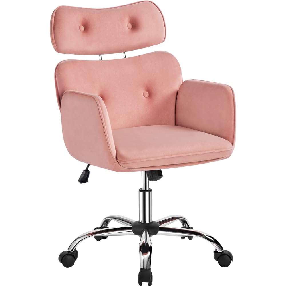 Yaheetech Silla de Oficina con Reposacabeza Silla Escritorio Ajustable Silla de DespachoTerciopelo Silla Tapizada Moderna Hogar Oficina Silla Ruedas Giratoria Rosa