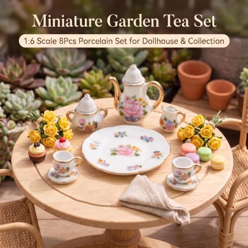 Image of Miniature Tea Set 1 /6 Scale Dollhouse Accessories Porcelain, Light Pink