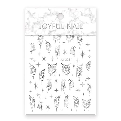 Nail Stickers Butterfly Black White Nail Decals Butterfly Laser Nail Art Stickers Flowing Light Self Adhesive Diy Nail Decoration - 6 Sheets - Gone With The Angel #TOP4