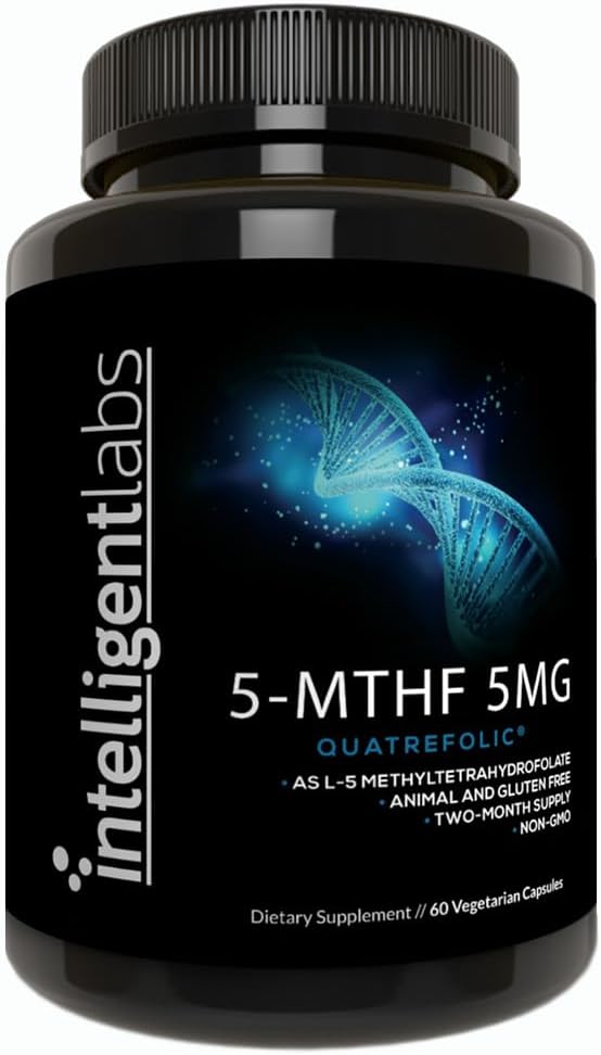 Intelligent Labs 5-MTHF L-5 Methylfolate Supplement Activated Folic Acid Supplement as Quatrefolic Acid - Methyl Folate for MTHFR 60 Capsules - 2 Months Supply, 5mg = 5000mcg Methylfolate