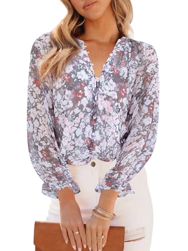 トップス Bibiy EMILY FLOWER BLOUSE Women's Casual Floral Embroidered V Neck Boho Puff Short