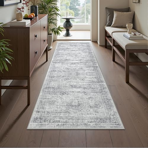 Restydon 2x6 Washable Runner Rug, Non-Slip, Grey/Ivory