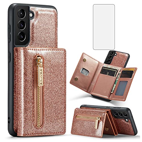 Étui portefeuille Samsung S22 5G Asuwish avec protège-écran verre trempé et fente cartes or rose