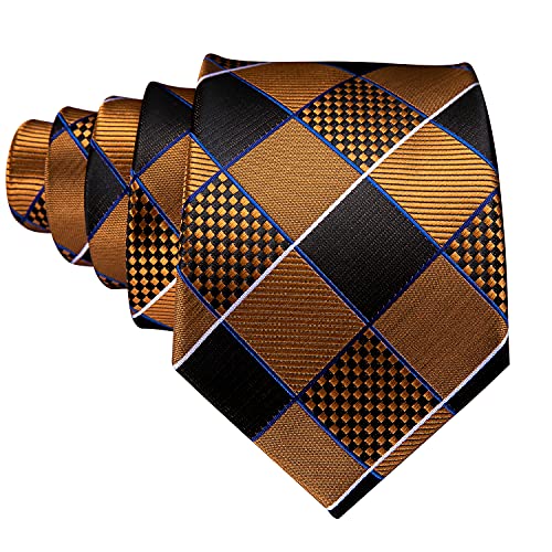 Image of Barry.Wang Plaid Ties Check Mens Necktie Set with Handkerchief Cufflinks Classic Stripe