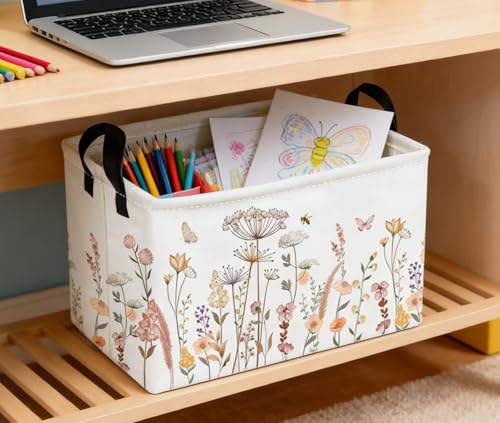 Image of Essme Rectangular Flower Basket, Storage Bins Organizer with Handles for Girls Room Decor, Gift Basket,Shelf Basket.(Beautiful Flowers)