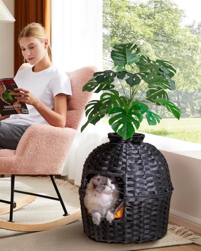Image of SETVSON Cat Litter Box Plant Furniture Enclosure, Hidden Handwoven Rattan with Cat Litter Box and Artificial Plants, Odor Control Filter, Real Stones in Living Room, Bedroom, Corner (Black)