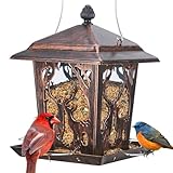 Kingsyard Metal Bird Feeder for Outdoor Hanging - Unique Design Wild Bird Hopper Feeder with 4 Perches and Rainproof Roof, Antique Copper