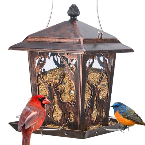 Kingsyard Metal Bird Feeder for Outdoor Hanging - Unique Design Wild Bird Hopper Feeder with 4 Perches and Rainproof Roof, Antique Copper