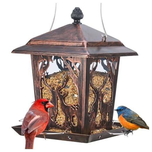 Kingsyard Metal Bird Feeder for Outdoor Hanging - Unique Design Wild Bird Hopper Feeder with 4 Perches and Rainproof Roof, Antique Copper