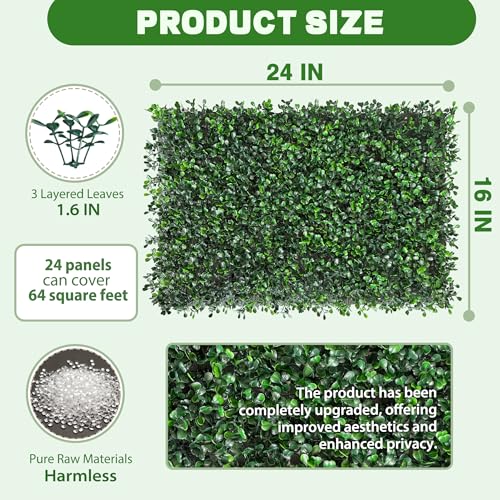 Image of ODTORY Artificial Hedge Privacy Fence Screen, 24X16 in 24P (64 sqft) | UV-Anti Boxwood Panel, Faux ivy Greenery Backdrop, Balcony /Garden /Backyard Fence Covering, Indoor Outdoor Green Plant Decor