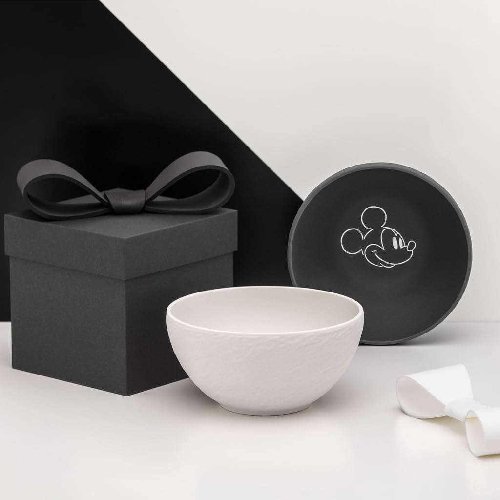 Villeroy & Boch Manufacture Rock – Mickey Mouse – Tazón para cereales, set 2 piezas, blanco y negro, lavavajillas y microondas, acabado pizarra y decoración de Disney Mickey Mouse en tiza