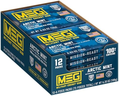 MEG (Military Energy Gum - Arctic Mint| Energy Caffeine Gum | 100mg Caffeine Per Piece |Fast-Acting Performance Boost - 12 Packs