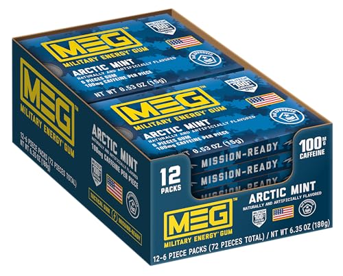 Image of MEG (Military Energy Gum - Arctic Mint| Energy Caffeine Gum | 100mg Caffeine Per Piece |Fast-Acting Performance Boost - 12 Packs