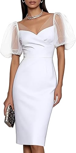 GOBLES Women's V Neck Puff Short Sleeve Bodycon Pencil Midi 