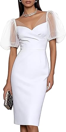 GOBLES Womens V Neck Puff Short Sleeve Bodycon Pencil Midi Dress