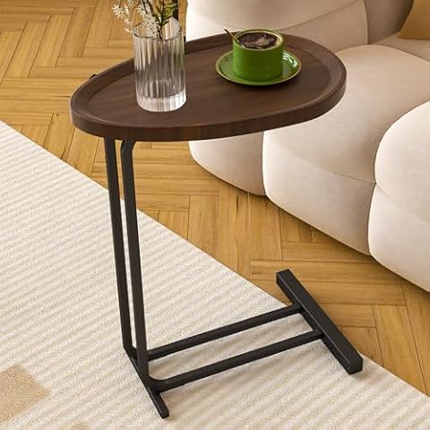 Thctvous C Shaped Side Table for Couch, Wood Sofa Side Table Slide Under, Small Couch End Table with Metal Base, Chair Side Table for Recliner, Over Couch Table for Living Room Bedroom (Brown) Cover