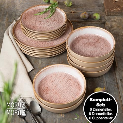 Moritz & Moritz TERRA 18-tlg Geschirrset 6 Personen - Teller Set in zartem Terracotta aus hochwertigem Porzellan - Geschirr Set 6 Personen aus je 6x Speiseteller, Dessertteller und Schalen