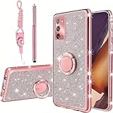 B-wishy for Samsung Galaxy Note 20 5G Glitter Crystal Butterfly Heart Floral Slim TPU Luxury Bling Cute Protective Cover with Kickstand+Strap for Samsung Galaxy Note 20(Pink)