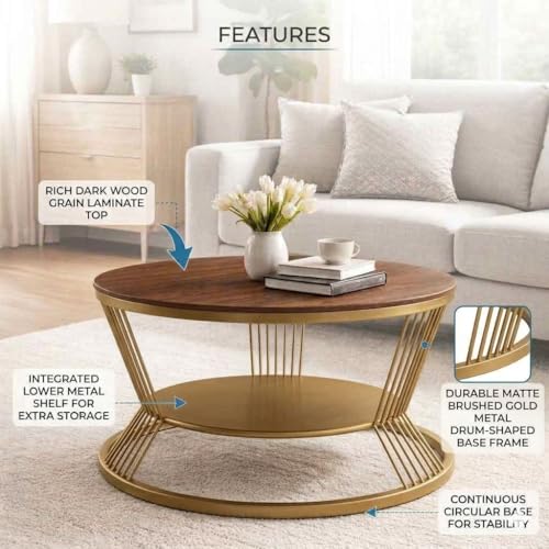 Image of 2-Tier Round Coffee Table with Open Storage Shelf Wooden Tabletop Metal Frame Simple & Modern End Table for Small Space Center Table for Living Room Golden Brown